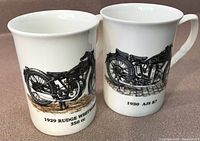 Front side view of both motorcycles featured on the bone china teacups showing detailed illustrations and model names.