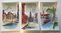 Three signed lithographs with watercolor and ink depictions of Quebec streets, showing details of brick buildings, streets, and sky.