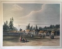 Image shows one lithograph print titled 'Fort Vancouver' with historic buildings and people under a cloudy sky
