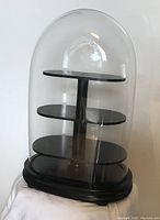 Overall view of the assembled cloche with black wooden base and four shelves enclosed by clear glass dome.