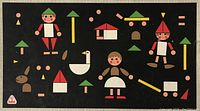 Full view of the vintage wooden magnetic toy pieces arranged on the black magnetic board showing various figures like a boy, girl, rabbit, goose, house, and trees.
