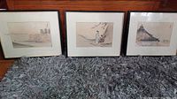 Photo of the three framed signed Asian artworks displayed side by side on the floor.