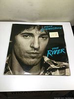 Front album cover of Bruce Springsteen The River with close-up portrait and title.