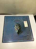 Front cover of the Eagles Their Greatest Hits vinyl album featuring blue cover and bird skull artwork.