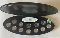 Front view of open black oval case containing 11 sterling silver Canadian millennium coins in clear protective holders, arranged in two rows.
