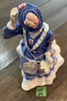 Top angled view showing Lady Eaton figurine in blue dress and hat with detailed hand painting