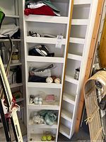 Shelf holding various sports balls, hats, and gloves showing golf balls, tennis balls, cricket ball, and baseballs including a signed Blue Jays replica baseball.