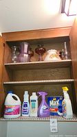 Cleaning products on lower shelves of wooden cabinet showing Clorox, Woolite, Aubrey Organics, Spray-N-Wash, Max Fapper box