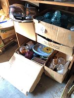 Box of assorted decor: ceramic bowls, glass items, metal box