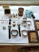 Overview of all jewelry items including rings, earrings, watches, bracelets, Bluetooth headset and two framed pictures