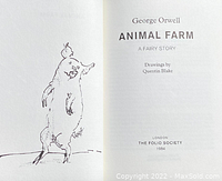 Title page of the book showing title 'Animal Farm: A Fairy Story' by George Orwell with drawings by Quentin Blake, published by The Folio Society in 1984.