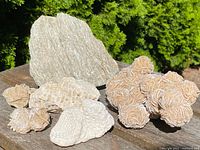 Group of six desert style geode crystals displayed together outdoors on a wooden surface showing variety in shapes and sizes.