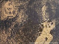 Close-up of upper left section showing stylized face motif in scribbled background