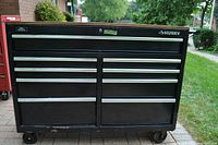 Front view of black steel toolbox cabinet on wheels