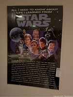 Frontal view of the Star Wars poster with characters and text.