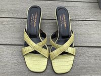 Top view of the pair of light green crocodile textured Donald J Pliner sandals with square toes and crossed straps.