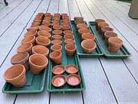 Over 55 terra cotta plant starter pots arranged on green trays, showing multiple sizes and matching saucers.