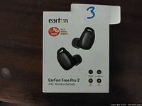 Front view of EarFun Free Pro 2 ANC Wireless Earbuds retail box showing product image and award badge.