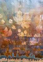 Close-up view of the abstract painting surface showing colors, texture, and motif details.