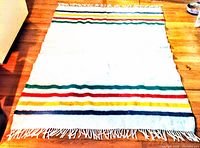 Full view of off-white wool blanket laid flat on wooden floor showing multicolored stripes and fringe ends