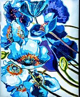 Full view of the vintage oil painting showing blue flowers on white and dark blue background.