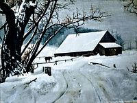 Front view of the oil on board painting showing the entire snowy barn landscape and signature on the bottom right corner.