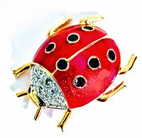 Front view showing red enamel, black spots, and clear rhinestone embellishments on ladybug brooch.