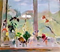Front view of the vintage signed oil painting showing a windowsill with plants in pots and a muted outdoor background.
