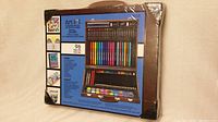 Front view of sealed Art 101 96-piece art set box showing colorful art tools inside wooden case.