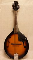 Front view of S101 A-style mandolin showing sunburst finish and full fretboard with chrome tuning pegs and logo on headstock.
