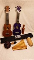 Photo of the two Mahalo ukuleles (natural wood and purple), the pan flute, beaded maraca, wooden shaker, guiro scraper, and black Gig-Stand bag containing the folding music stand.