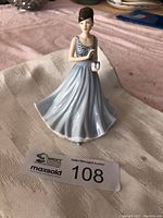 Full view of the Royal Doulton figurine showing a woman in a blue dress holding a gift box on a table.