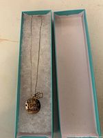 Necklace with round gold-color pendant engraved 'all paws matter' and a small silver paw charm in a blue box with white padding.
