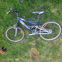 Full side view of the Avigo blue women's mountain bike on grass, showing frame, handlebar, tires, seat, and front suspension fork