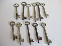 Eleven antique skeleton keys laid out on a white background showing different bow designs and bits.