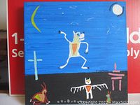 Full frontal view of painting showing blue sky, black ground, multiple stylized figures including wolf/fox, owl and rabbit under moon