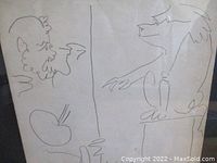 Close-up of lithograph line drawing showing bearded man, apple, seated creature