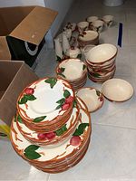 Photo showing stacked dinner plates, bowls and cups with floral and leaf pattern on cream background.