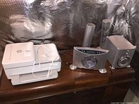 Overview of all devices, HP printer left, Emerson CD player with speakers right