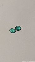 Two oval cut green emerald gemstones placed side-by-side on neutral background showing color and size.