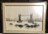 Full view of framed oil on canvas painting depicting Tower Bridge and River Thames, signed Ketz lower right.