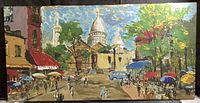 Full view of the rectangular acrylic painting on canvas showing the Montmartre Paris scene with Sacre-Coeur Basilica in the background.