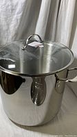 Photo of large 25 quart stainless steel stock pot with clear glass lid decorated with flower designs, showing side view with handle.