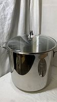 Photo of the large polished stainless steel stock pot with reflective surface and two handles.