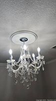 Wide view of chandelier hung from ceiling showing overall style and condition