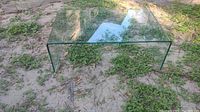 Full view of the glass coffee table showing its transparency and shape.