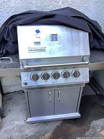 Full view of the Ducane propane grill with stainless steel front, control knobs, and temperature gauge; covered partially with a black grill cover.