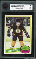 Front of 1980-81 O-Pee-Chee Ray Bourque rookie card #140 showing player image and grading label.