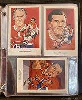 Page of postcards featuring Henri Richard, Rocket Richard, Ken Reardon in plastic sleeves within binder