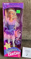 Front view of the 1994 Wal-Mart Special Edition Tooth Fairy Barbie Doll in its original unopened box, showing doll in purple and pink fairy outfit with wings and small purse included.